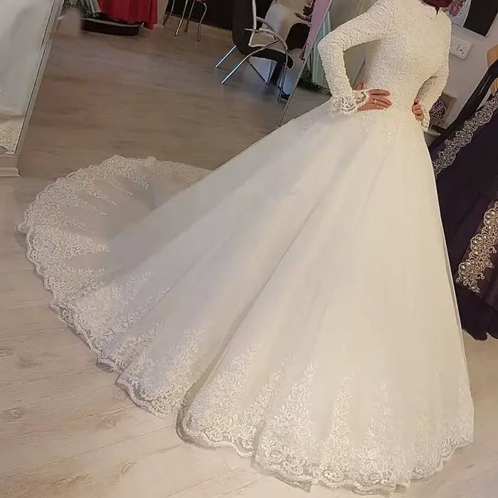 Robes de mariée musulmanes blanches à manches longues, style princesse, col montant, en tulle et den