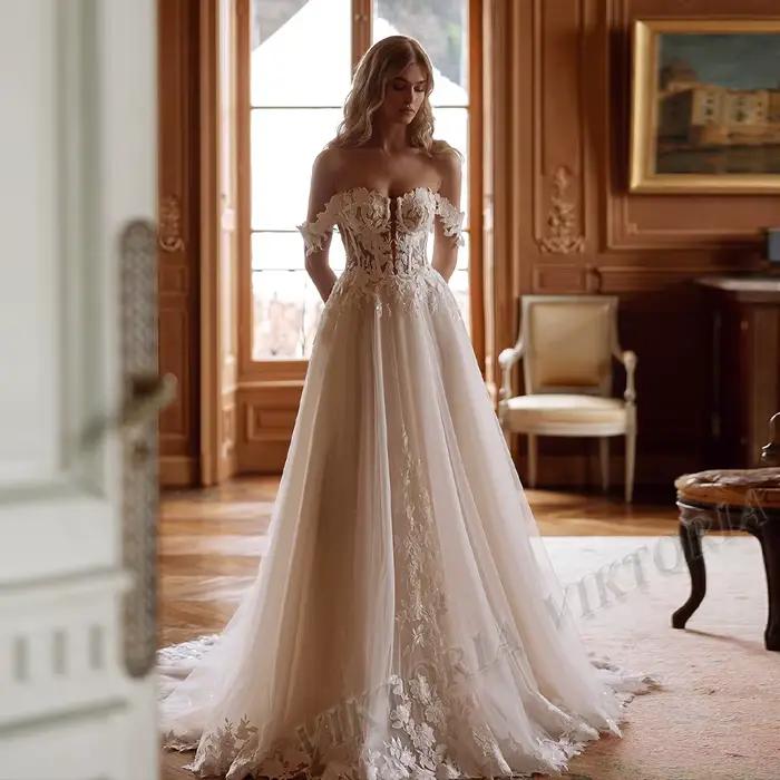 VIKTORIA-Robes de mariée A-LINE pour femmes, robes de mariée, appliques en tulle, sur mesure