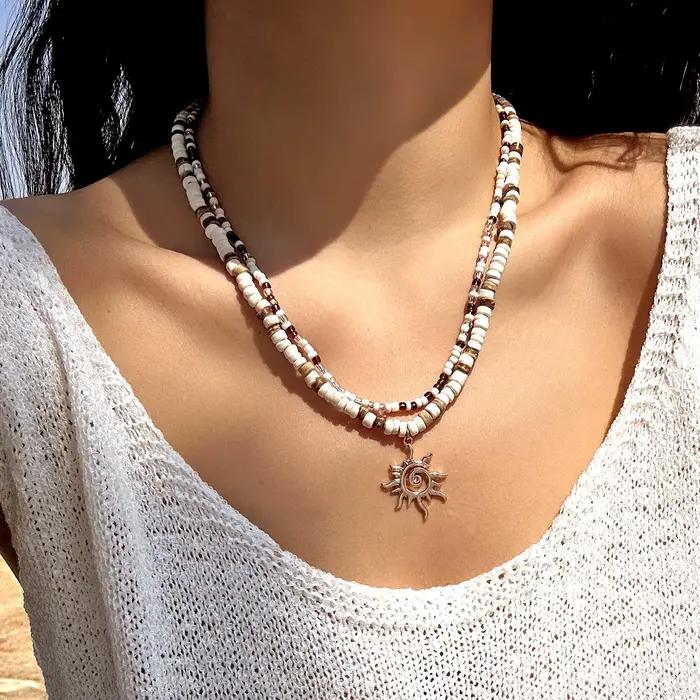 Collier Vintage Boho en perles de bois de noix de coco pour femmes, 2 pièces, pendentif soleil de St