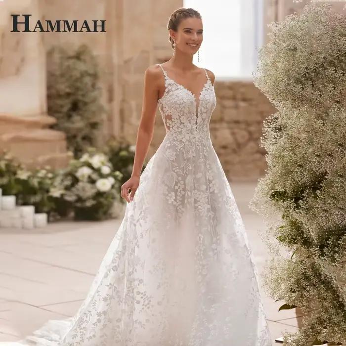 HAMMAH Robe De mariée sans manches à la mode pour mariée col en v dentelle Appliques bretelles Spagh