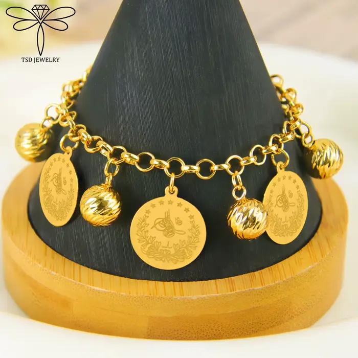 Parure de bijoux turques Lira en plaqué or 21 carats, collier et bracelet à breloques de Dubaï, bijo