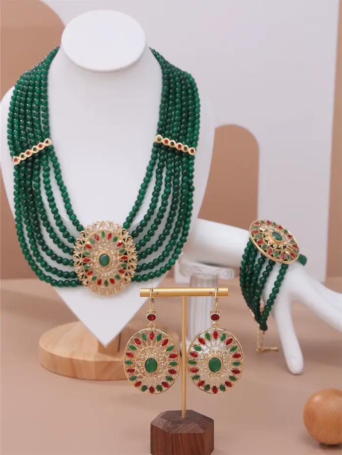 Ensemble de bijoux de mariage luxueux de couleur or du Maroc, collier, boucles d'oreilles et bracele