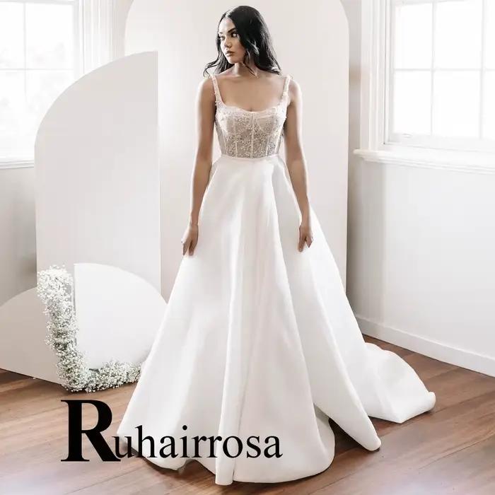 Ruhair robes De mariée à la mode pour Mariages bretelles Spaghetti dos nu Appliques Satin chérie rob