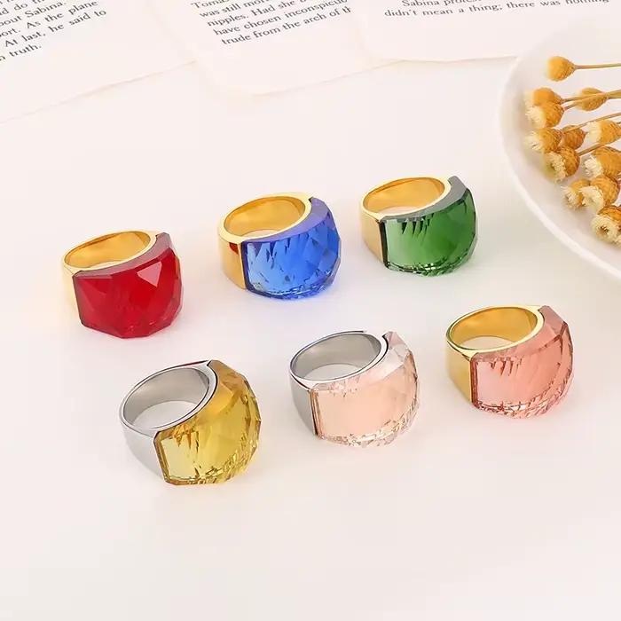 Bagues de fiançailles en acier inoxydable pour femmes, grande pierre de verre de cristal, couleur ro