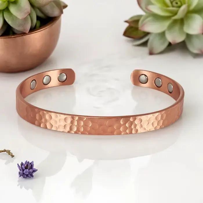 Ensemble de bracelets et bagues en cuivre pur, 2 pièces, conception de motif de marteau réglable, be