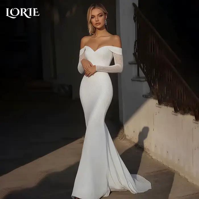 LORIE dentelle plage robes de mariée épaules dénudées a-ligne à manches longues robe de mariée princ