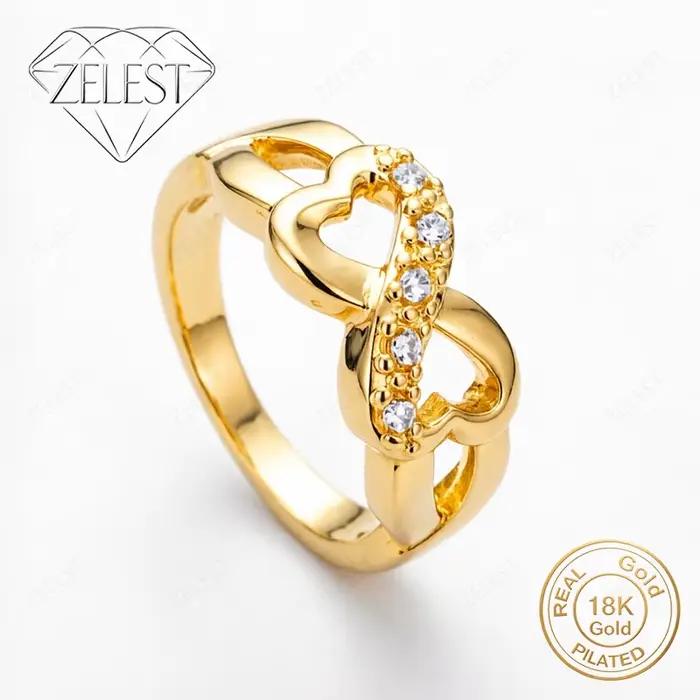 Argent sterling 925 plaqué or 18 carats # 8 exquises bagues en zircone à double cœur - Bijoux de mod