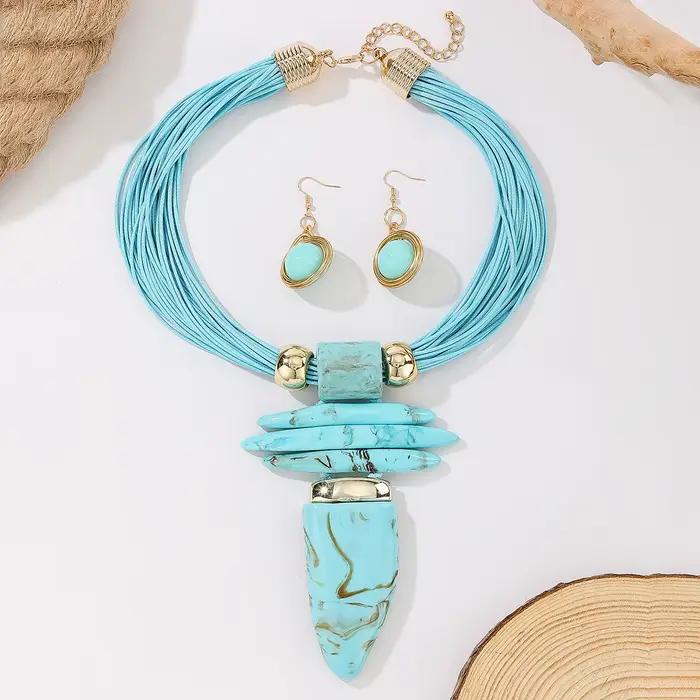 Ensemble de bijoux occidentaux tendance, collier et boucles d'oreilles fantaisie en imitation turquo