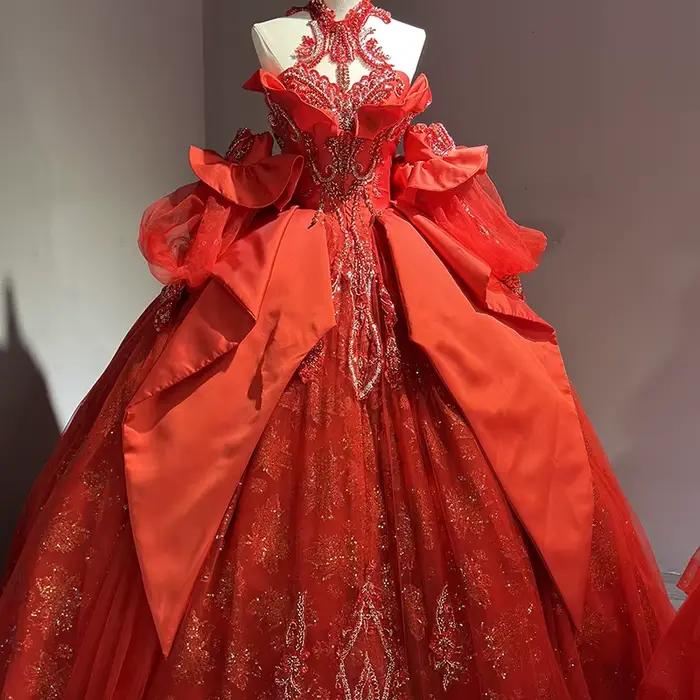 Robe de Mariée Personnalisée en Dentelle Brillante, Tenue à Volants, Dos aux, Col Licou, XS024, 2025