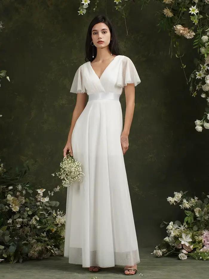 Robes de mariée blanches élégantes avec manches, col en v, dos nu, manches courtes transparentes, li