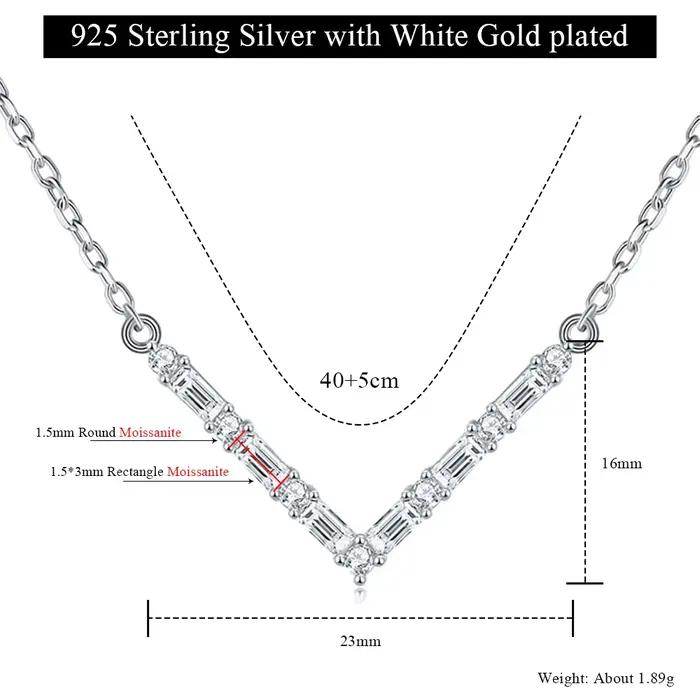 Collier pendentif en forme de V Moissanite, chaîne en argent Sterling 925 VVS1 3EX, diamant rectangu