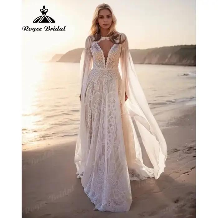 Robe de mariée bohème hippie à col en V en dentelle avec cape 2026, robe de mariée dos nu personnali