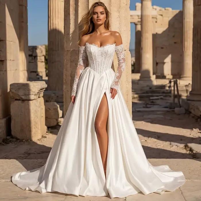 Robe de mariée élégante en Satin et dentelle pour femmes, manches longues, épaules dénudées, ligne A