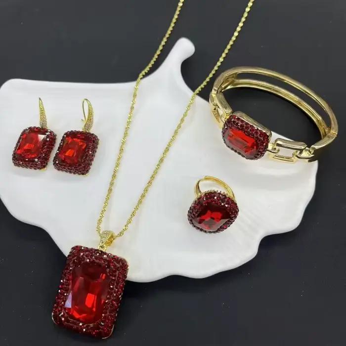 Parures de bijoux de luxe pour femmes, collier, boucles d'oreilles et bague en cristal carré de gran