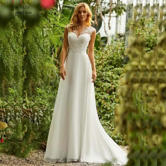 Robe de mariée bohème à col rond avec appliques en dentelle, robe de mariée princesse vintage, jupe 