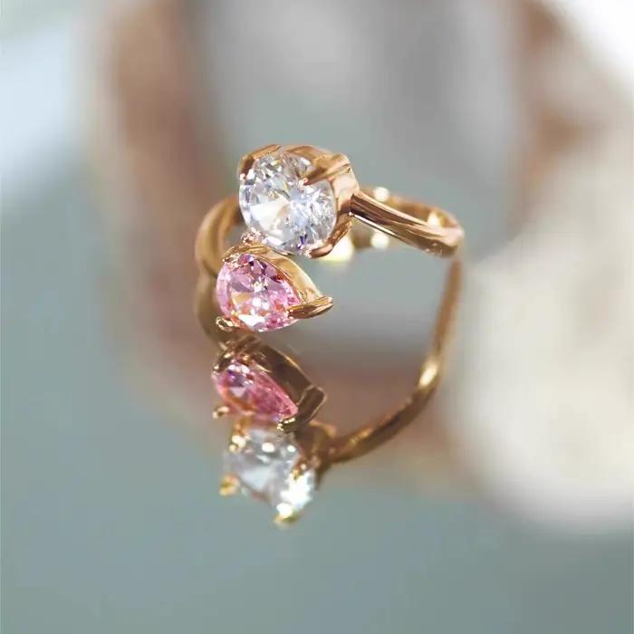 Bagues en diamant rose double couleur en forme de gouttelette d'eau pour femmes, bijoux de fiançaill