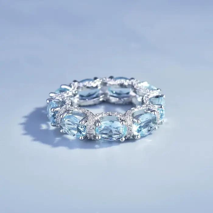 Ensemble de Bijoux de Luxe en Topaze Bleue de Mer pour Femme, Plaqué Or Blanc 18K, Alliances, Bague,