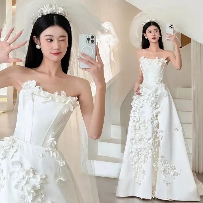 Robe de mariée princesse en Satin français, sans bretelles, à fleurs, traînante, pour Banquet de mar