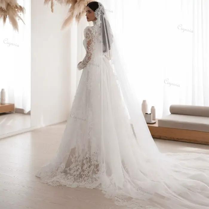 Robe de mariée élégante personnalisée en dentelle Ciynsia, coupe trapèze, col montant, manches longu