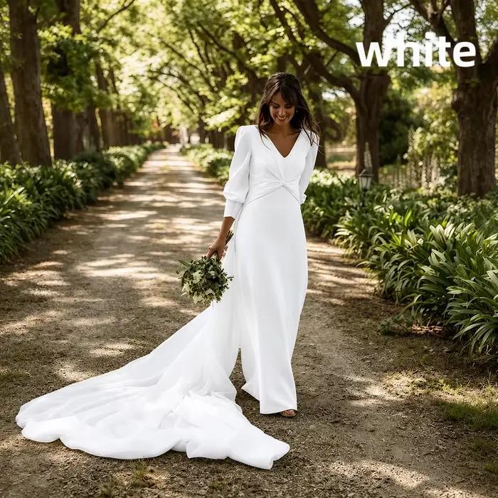 Robe de mariée sirène satin col V manches bouffantes 3/4 taille torsade traîne légère cape tulle dos