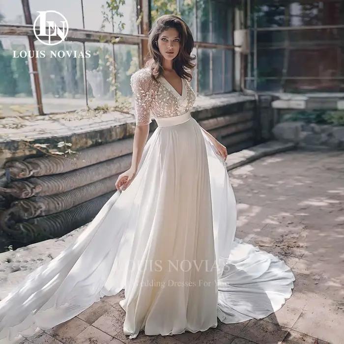 Modiis-Robe de mariée A-Line, élégante, sexy, col en V, découpe perlée, cuir chevelu appliqué, manch
