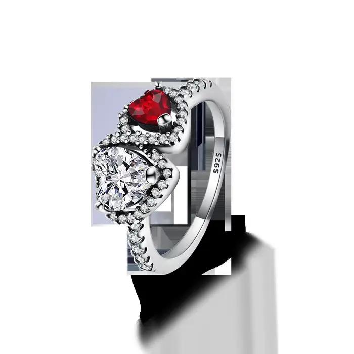 Bague élégante plaquée argent avec double cœur et halo, bijoux fins multi-pierres brillants pour fem