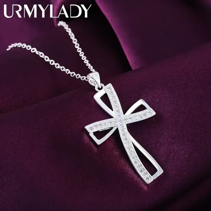 Promotions 45 cm 925 collier en argent sterling breloque pour les femmes cyrstal croix pendentif cha