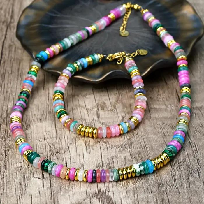 Yumfeel 2 pièces collier Bracelet ensemble bohême coloré pierre naturelle perlée à la main femmes bi