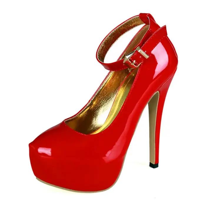 Chaussures de mariage en cuir verni rouge pour femmes, escarpins à plateforme peu profonde avec bouc