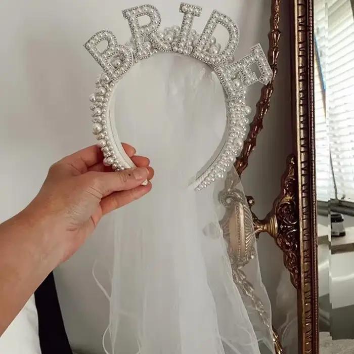 Bandeau de mariée blanc, couronne de perles avec voile, décoration de mariage, cadeau de réception n