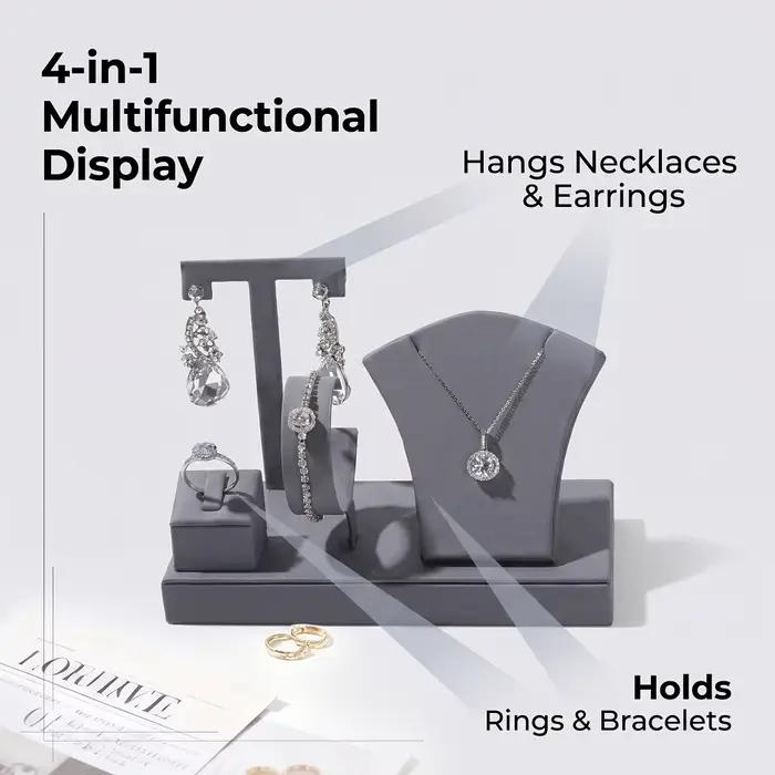 Ensemble de présentoirs à bijoux en cuir PU, 4-en-1 : buste à colliers, support à boucles d'oreilles