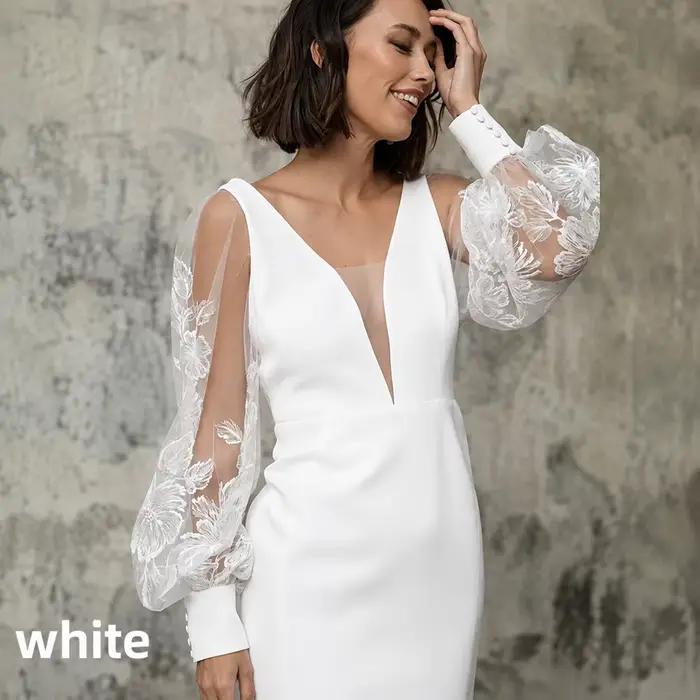 Robe de mariée courte col V manches longues bouffantes en dentelle dos ouvert mini robe satinée moul