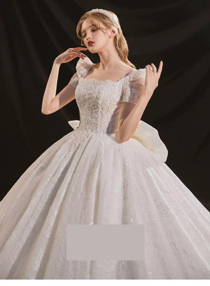 Nouvelle robe de mariée col carré élégante brodée ciel étoilé jupe mariée mariage grand nœud de queu