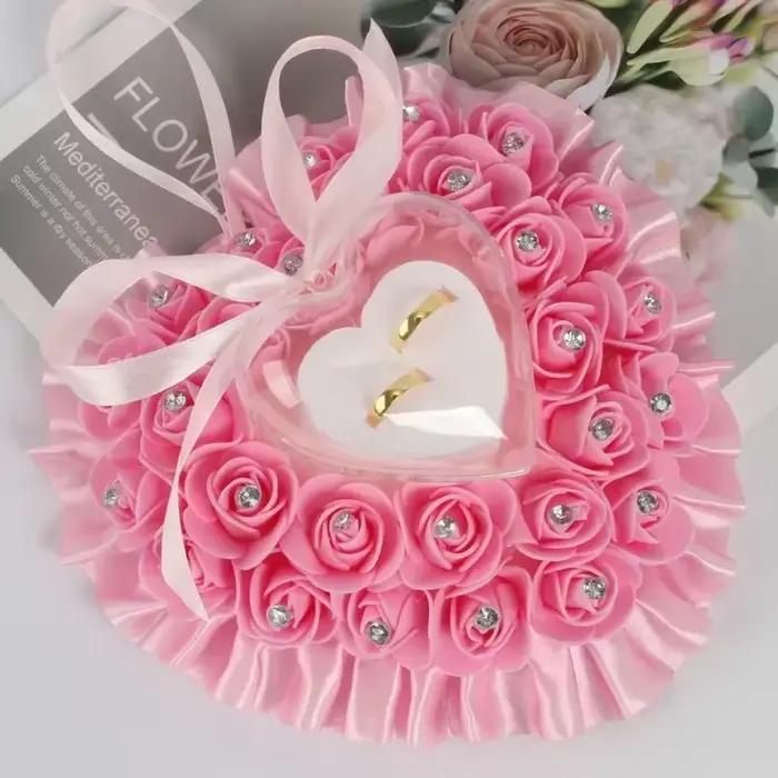 Coussin romantique en forme de cœur pour bague de mariage, porte-anneau en cristal satiné Lvory, déc