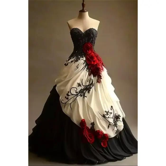 Robe de mariée gothique personnalisée sans bretelles, coupe princesse, avec appliques de roses rouge
