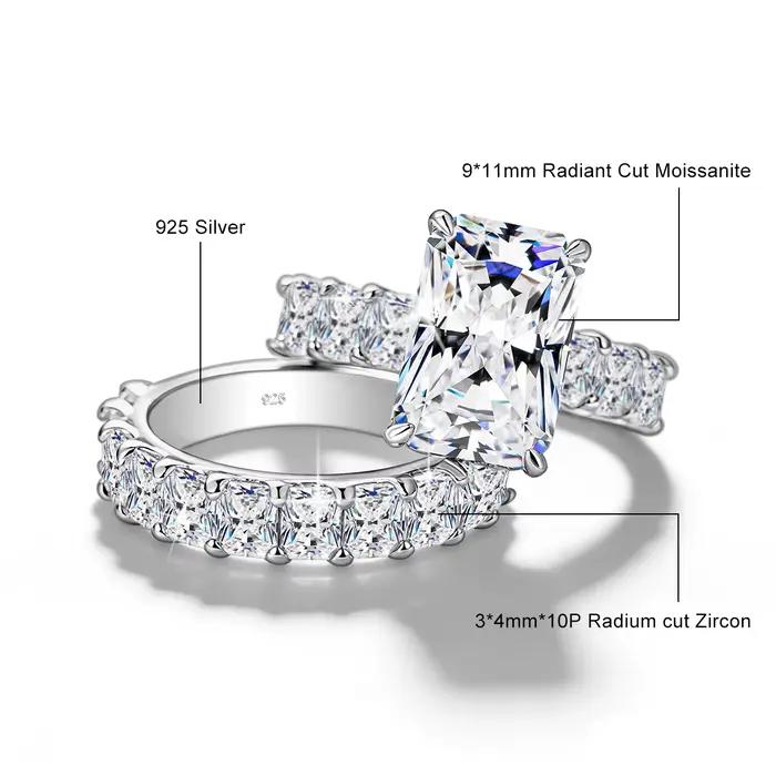 Ensemble d'alliances en or 14 carats pour femmes, avec moissanite blanche taille radiant 11*9MM, bag