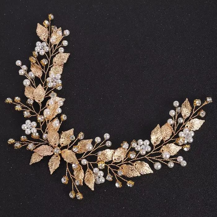 Bandeau de mariée en strass, feuilles d'or, perles de cristal, ornements de cheveux, couvre-chef pou