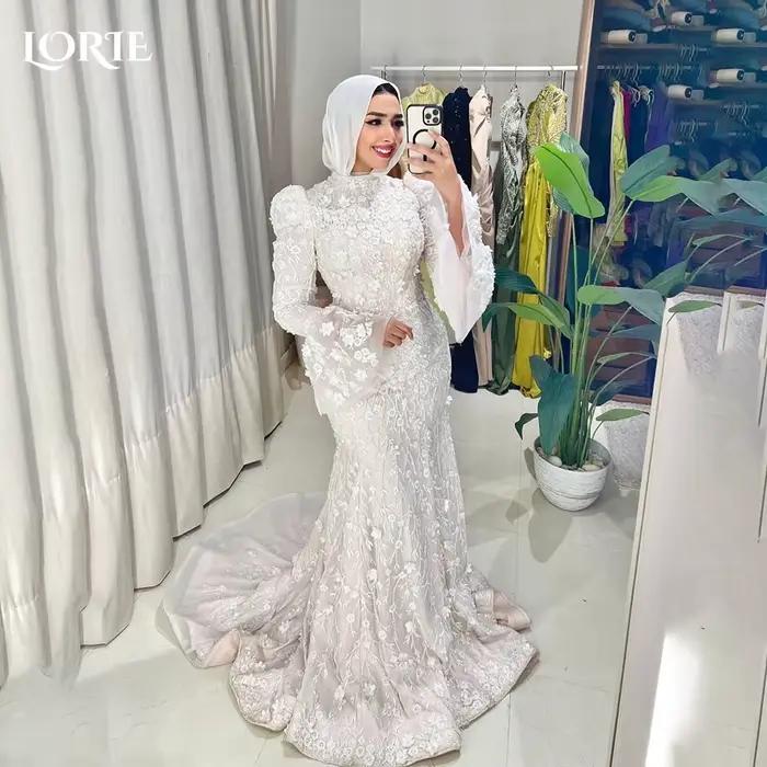LORIE dentelle robes de mariée musulmanes Applique col haut manches bouffantes église sirène robe de