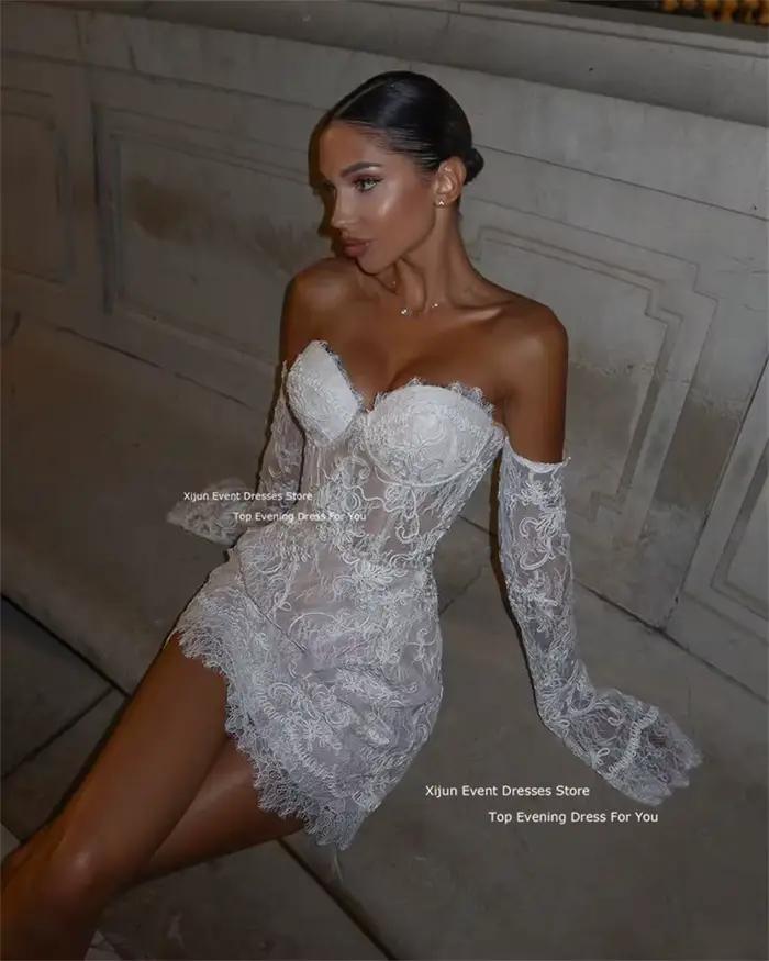 Robe de mariée courte en dentelle à manches en cœur, tenue de bal, mini, moderne, pour cérémonie de mariage ou soirée de gala