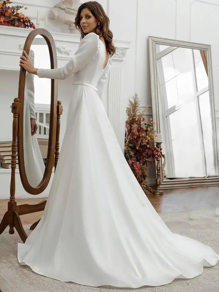 Robe de Mariée Élégante en Satin à Manches Bouffantes