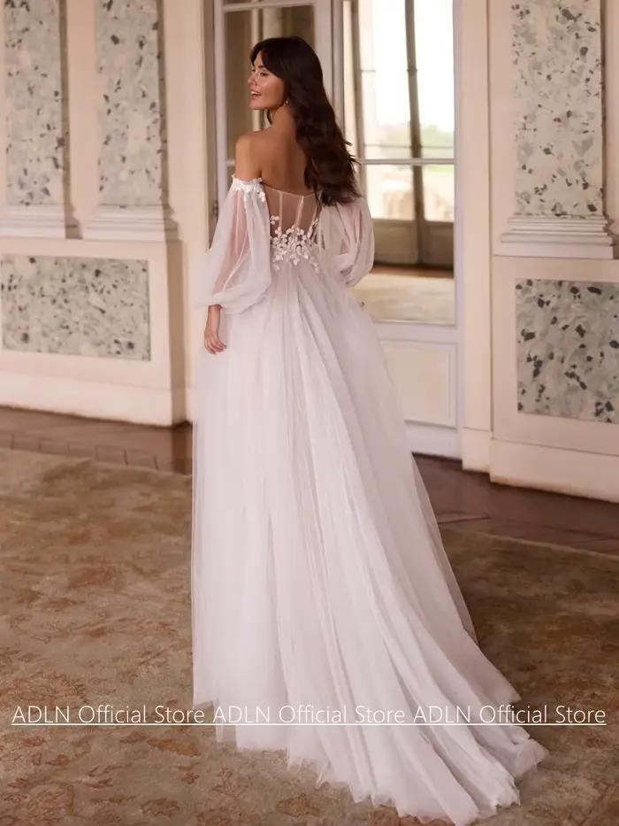 Robe de mariée princesse personnalisée avec manches bouffantes, col en V, perles, appliques en dentelle, transparente, fente, coupe trapèze pour la mariée occassions spéciales
