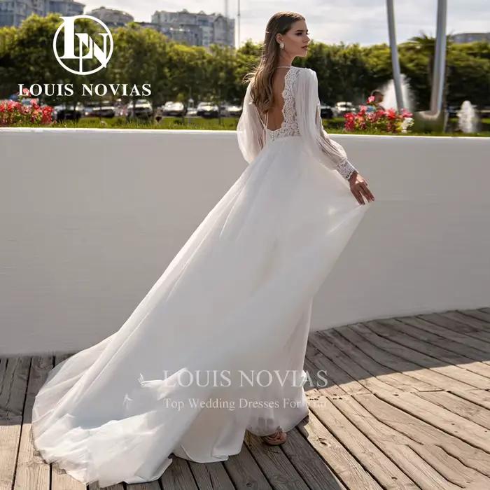 Robe de Mariée Trapèze en Dentelle Brodée Col en V Manches Bouffantes Dos Nu Pour Femmes Occasions Spéciales Boîtes de Nuit Soirées Gala
