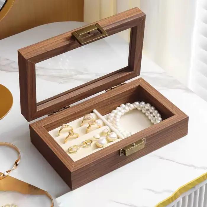 Boîte de rangement de bijoux en bois, boîte de rangement de boucles d'oreilles et de colliers, boîtes de rangement de bijoux pour bagues et bracelets pour femmes, vitrine de luxe