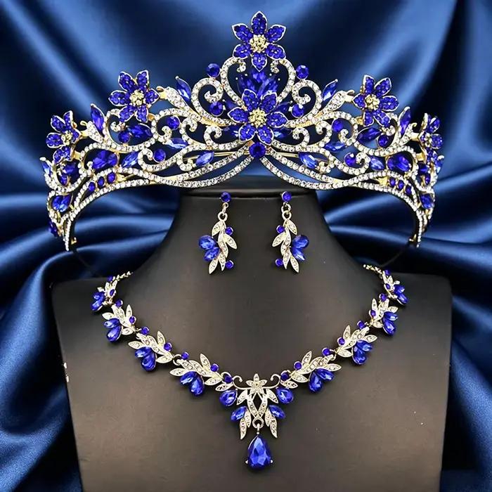 Ensembles de bijoux de mariage Princesse Fleur diadèmes colliers boucles d'oreilles cristal floral pour femmes occasions spéciales
