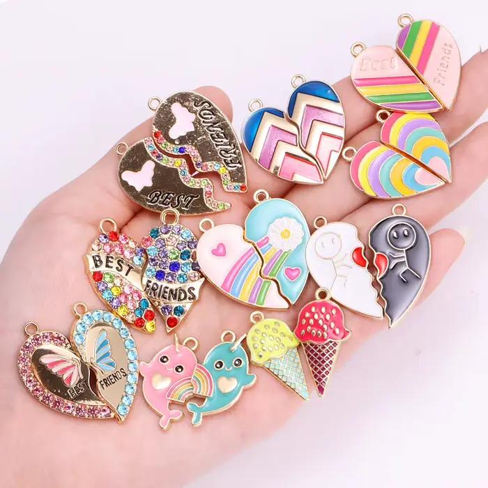 Paires d'émail arc-en-ciel coeurs cassés en forme de pendentif pour femmes, accessoires de bijoux romantiques et mignons, pour les meilleures amies et les occasions spéciales