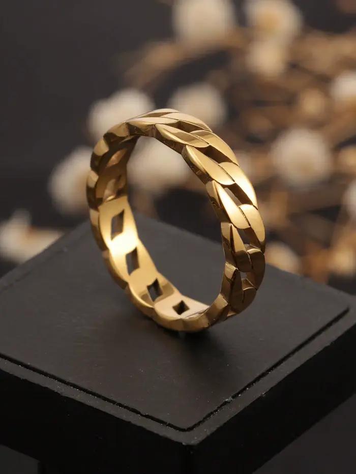 Bague chaîne large et lisse en acier inoxydable plaquée or 18 carats pour femmes style hiphop rock minimaliste polyvalente occasions spéciales