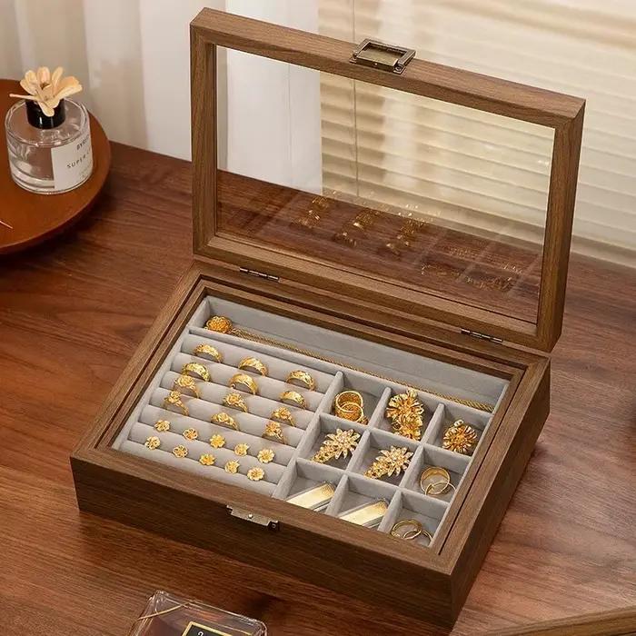 Boîte de rangement de bijoux en bois, boîte de rangement de boucles d'oreilles et de colliers, boîtes de rangement de bijoux pour bagues et bracelets pour femmes, vitrine de luxe