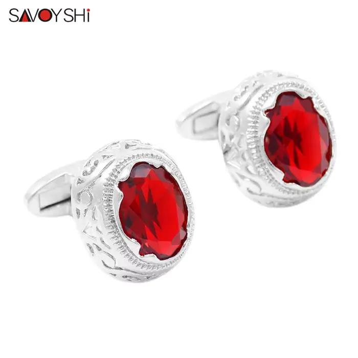 SAVOYSHI luxe rouge Zircon hommes boutons de manchette cadeau de mariage haute qualité pierre bouton de manchette marque bijoux livraison directe