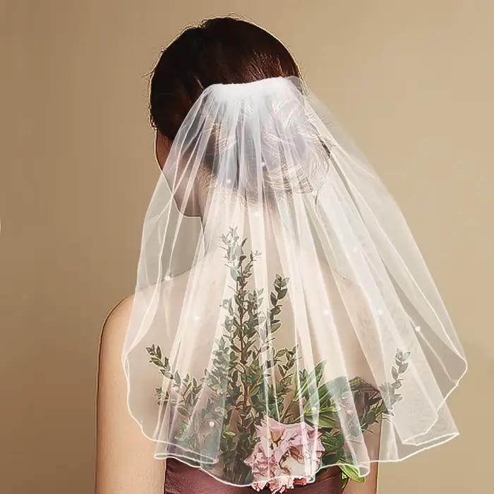 Voile en tulle blanc avec peigne et perles pour mariée