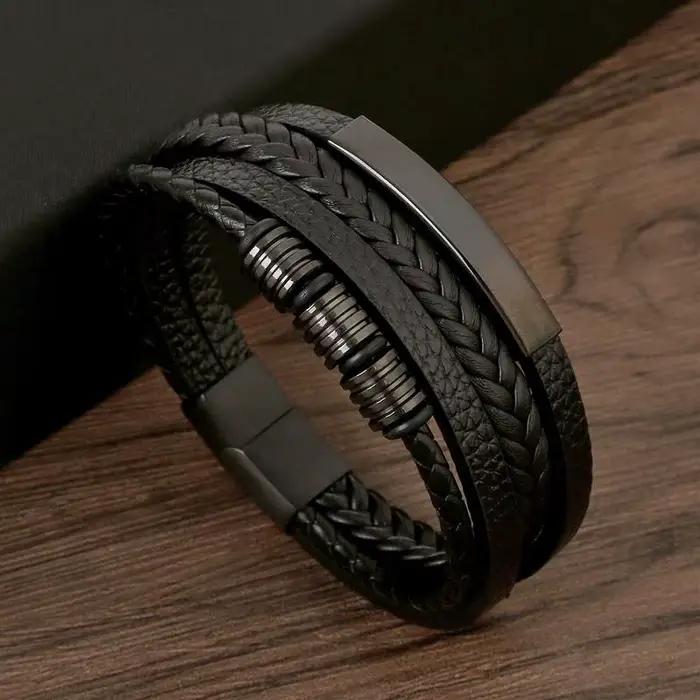 Bracelet en cuir multicouche tissé à la main pour hommes